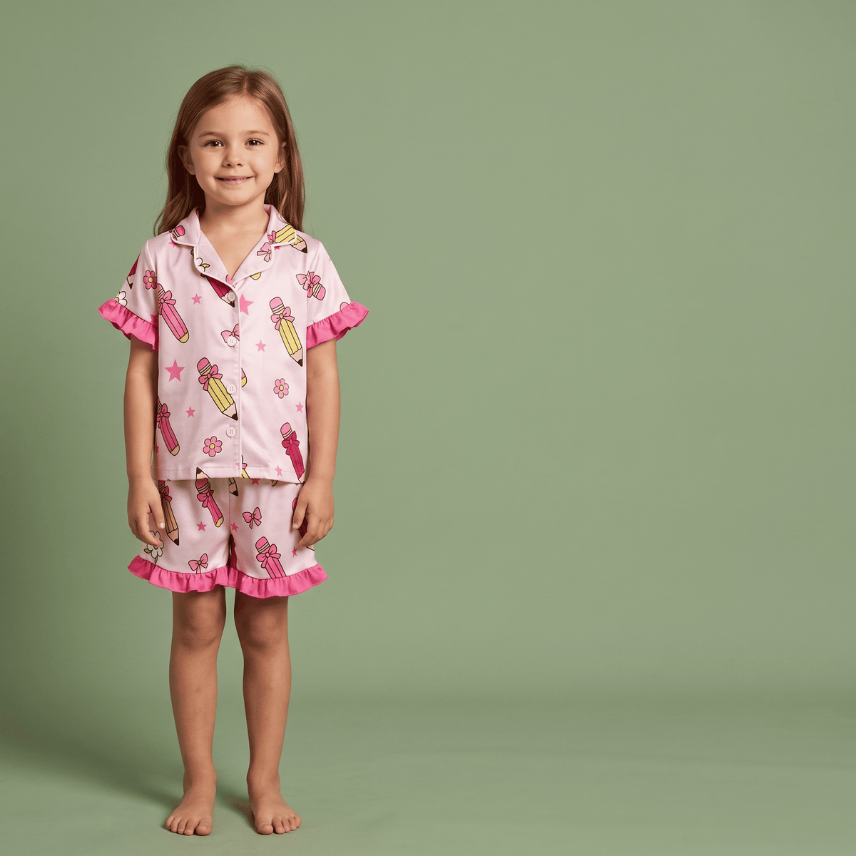 Satinpyjama mit Stiften und Schleifen für Mädchen | Lunyna