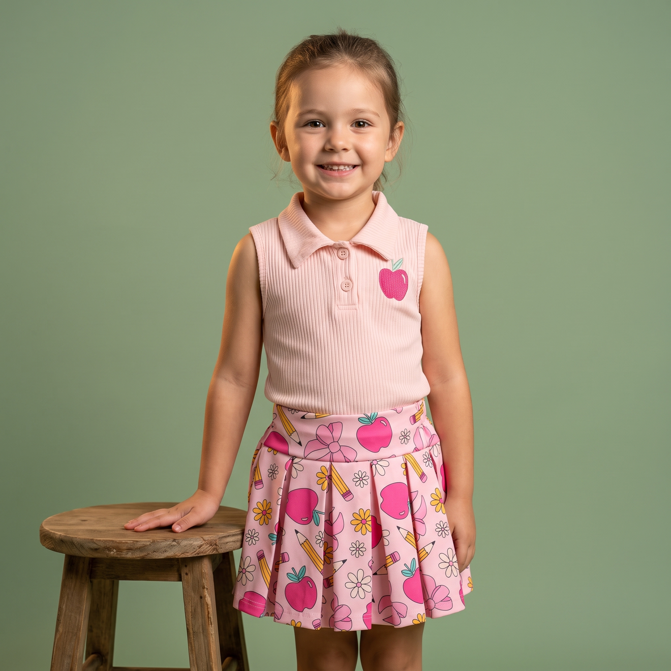 Conjunto Top Polo y Falda Manzanas para Niña | Lunyna