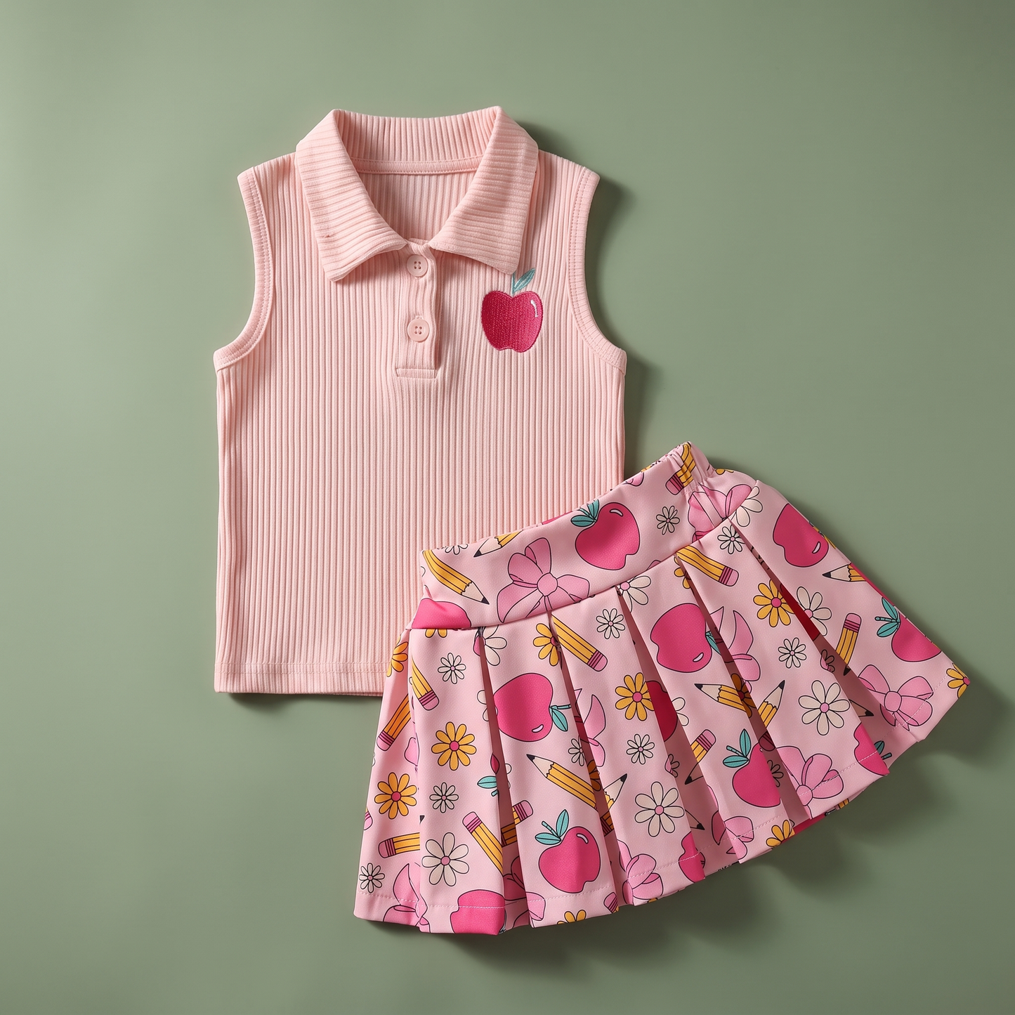 Conjunto Top Polo y Falda Manzanas para Niña | Lunyna