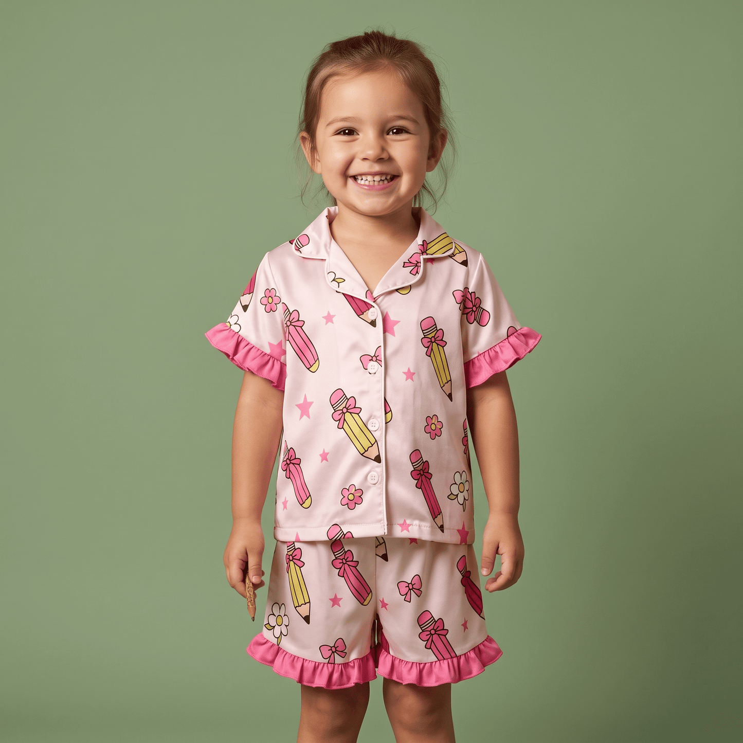 Pijama Satinada Lápices y Lazos para Niña | Lunyna