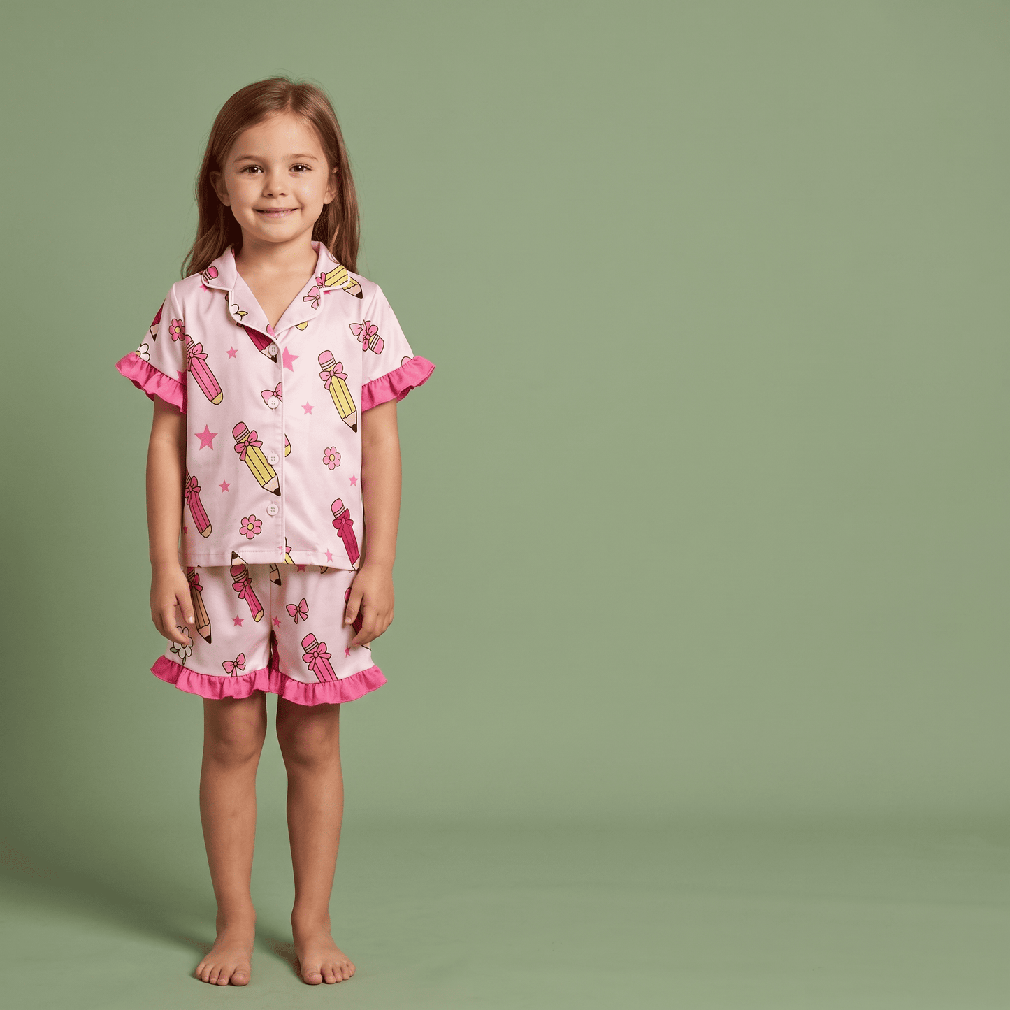 Pijama Satinada Lápices y Lazos para Niña | Lunyna
