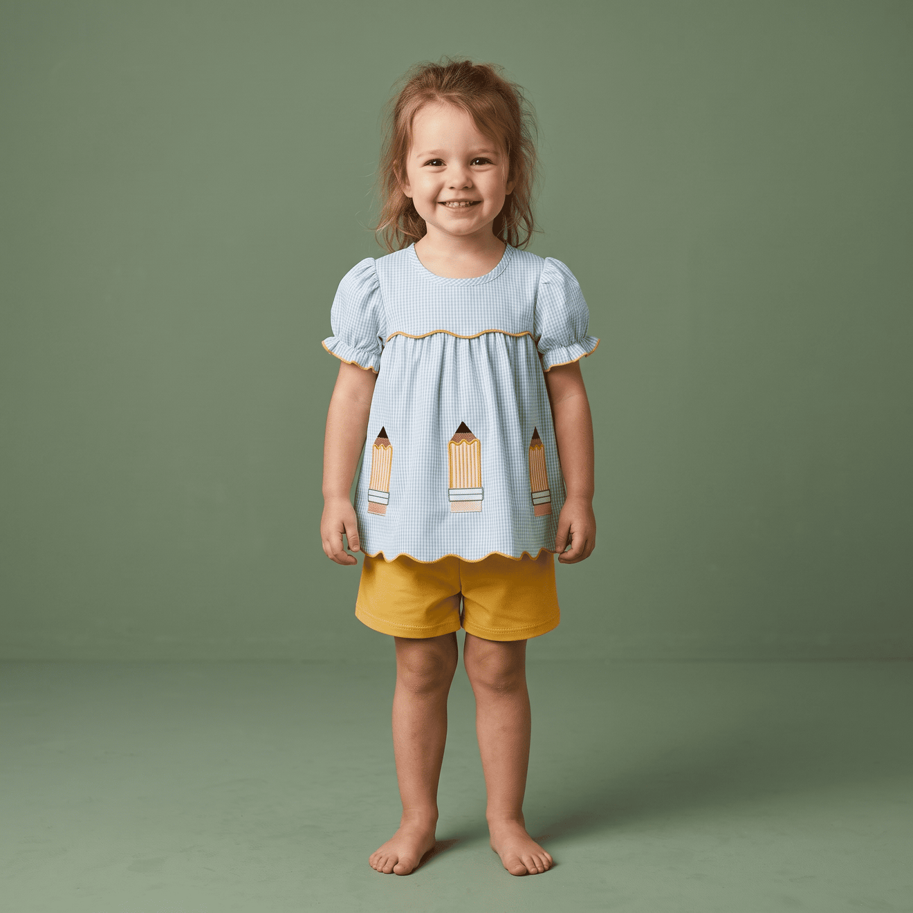 Blauwe jurk met ruitjespatroon en gele skinny shorts voor meisjes | Lunyna
