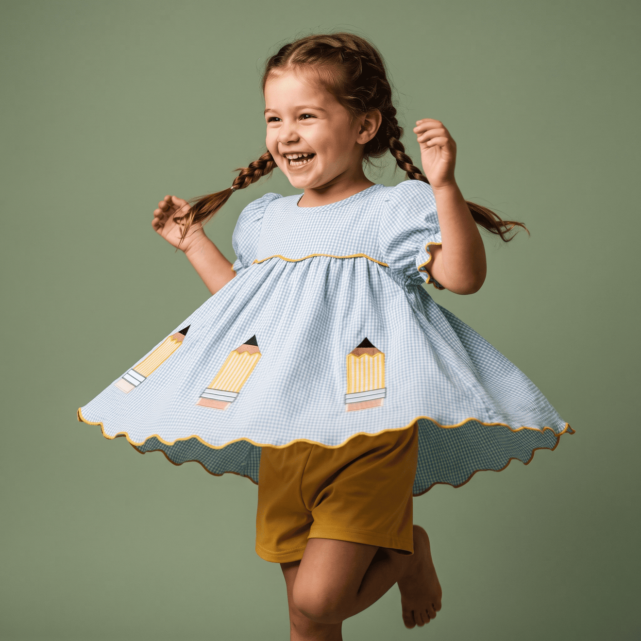 Blauwe jurk met ruitjespatroon en gele skinny shorts voor meisjes | Lunyna