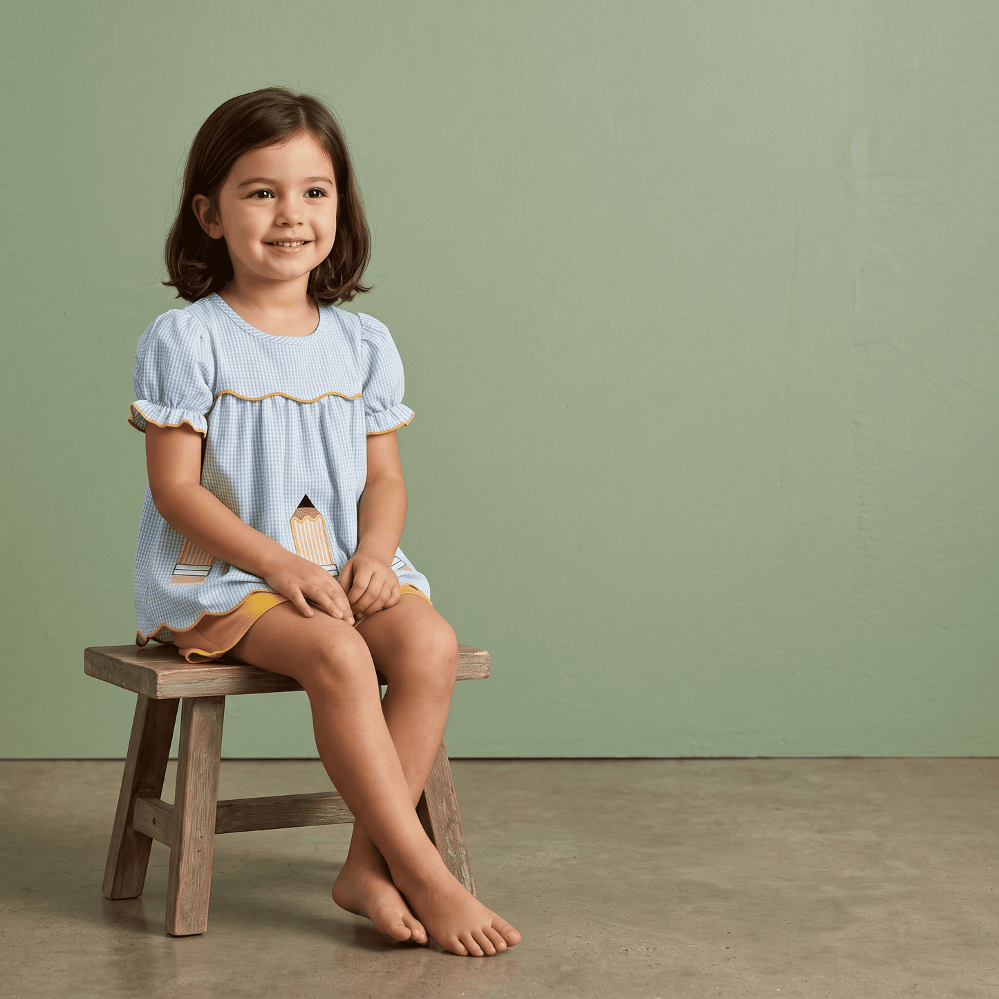 Blauwe jurk met ruitjespatroon en gele skinny shorts voor meisjes | Lunyna